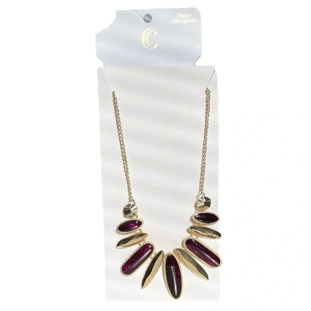 Charming Charlie Dark Purple & Gold-Tone Stone Necklace NWT - Picture 2 of 13